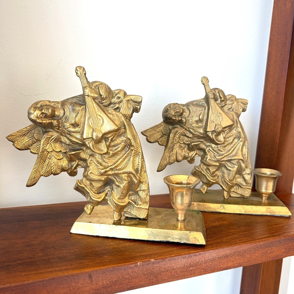 Vintage Solid Brass Angel Lute Player Taper Candle Holders Pair Made in India